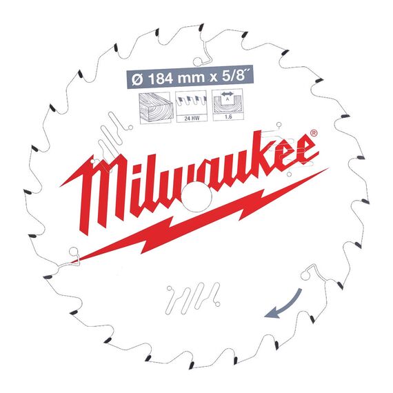 Пильный диск по дереву Milwaukee CSB P W 184 x 5/8 x 1.6 x 24ATB для циркулярной пилы - 4932471378, Диаметр диска (мм): 184, Посадочный диаметр (мм): 15,87, Модель: CSB P W 184 x 5/8 x 1.6 x 24ATB, внеший вид