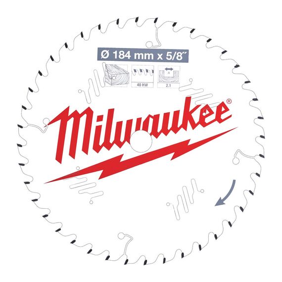 Пильный диск по дереву Milwaukee CSB P W 184 x 5/8 x 2.1 x 40ATB для циркулярной пилы - 4932471379, Диаметр диска (мм): 184, Посадочный диаметр (мм): 15,87, Модель: CSB P W 184 x 5/8 x 2.1 x 40ATB, внеший вид