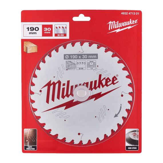 Пильный диск по дереву Milwaukee CSB P W 190 x 30 x 1.6 x 36ATB для циркулярной пилы - 4932471301, Диаметр диска (мм): 190, Посадочный диаметр (мм): 30, Модель: CSB P W 190 x 30 x 1.6 x 36ATB, внеший вид, изображение 2