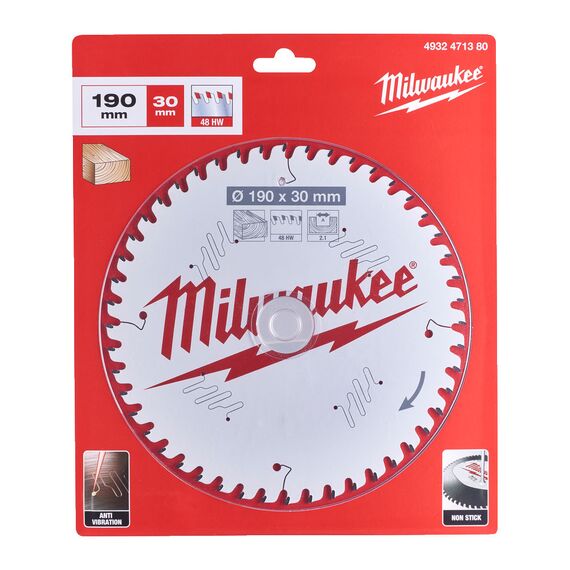Пильный диск по дереву Milwaukee CSB P W 190 x 30 x 2.1 x 48ATB для циркулярной пилы - 4932471380, Диаметр диска (мм): 190, Посадочный диаметр (мм): 30, Модель: CSB P W 190 x 30 x 2.1 x 48ATB, внеший вид, изображение 2