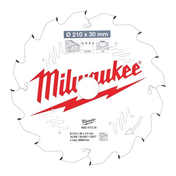 Пильный диск по дереву Milwaukee CSB P W 210 x 30 x 2.4 x 16ATB для циркулярной пилы - 4932471324, Диаметр диска (мм): 210, Посадочный диаметр (мм): 30, Модель: CSB P W 210 x 30 x 2.4 x 16ATB, внеший вид