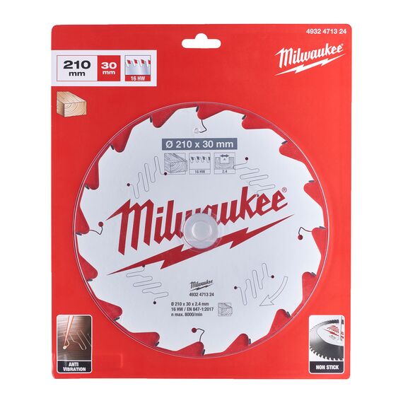 Пильный диск по дереву Milwaukee CSB P W 210 x 30 x 2.4 x 16ATB для циркулярной пилы - 4932471324, Диаметр диска (мм): 210, Посадочный диаметр (мм): 30, Модель: CSB P W 210 x 30 x 2.4 x 16ATB, внеший вид, изображение 2