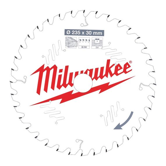 Пильный диск по дереву Milwaukee CSB P W 235 x 30 x 2.4 x 36ATB для циркулярной пилы - 4932471306, Диаметр диска (мм): 235, Посадочный диаметр (мм): 30, Модель: CSB P W 235 x 30 x 2.4 x 36ATB, внеший вид