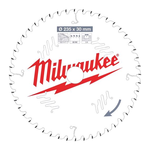 Пильный диск по дереву Milwaukee CSB P W 235 x 30 x 2.4 x 48ATB для циркулярной пилы - 4932471307, Диаметр диска (мм): 235, Посадочный диаметр (мм): 30, Модель: CSB P W 235 x 30 x 2.4 x 48ATB, внеший вид