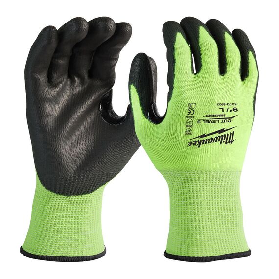 Перчатки рабочие сигнальные Milwaukee HiVis Cut Level 3 9／L - 4932478132, Модель: HiVis Cut Level 3 9／L, Цвет: Черный, салатовый, внеший вид
