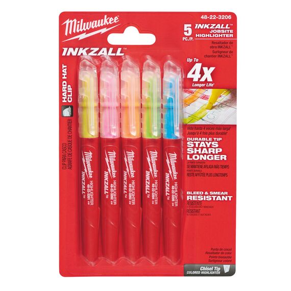 Маркер текстовыделитель Milwaukee INKZALL™ HIGHLIGHTER цветные - 5 шт - 48223206, внеший вид