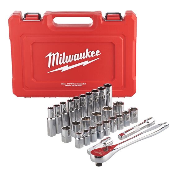 Набор головок с трещоткой Milwaukee METRIC ½″ RATCHET w SOCKET SET 28 PC - 4932471864, фото, изображение 2 Набор головок с трещоткой Milwaukee METRIC ½″ RATCHET w SOCKET SET 28 PC - 4932471864, внеший вид, изображение 2