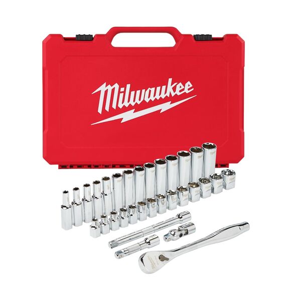 Набор головок с трещоткой Milwaukee METRIC ⅜″ RATCHET w SOCKET SET 32 PC - 4932464945, внеший вид