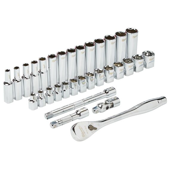 Набор головок с трещоткой Milwaukee METRIC ⅜″ RATCHET w SOCKET SET 32 PC - 4932464945, внеший вид, изображение 2